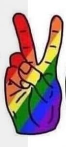 Hand showing peace sign V in rainbow colors